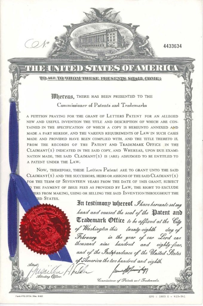 US Government patent for the Marsh Master® marsh buggy, issued in 1984.